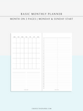 M116 | Basic Monthly Planner Inserts, Bullet Journal Template, MO2P