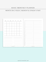M116 | Basic Monthly Planner Inserts, Bullet Journal Template, MO2P