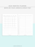 M116 | Basic Monthly Planner Inserts, Bullet Journal Template, MO2P