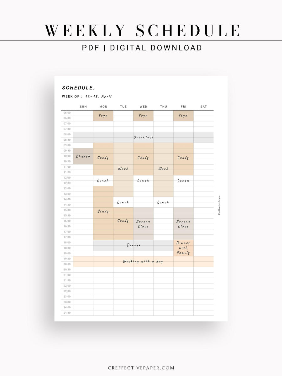 W106 | Weekly Schedule Planner Inserts, Time Table Template Printable ...