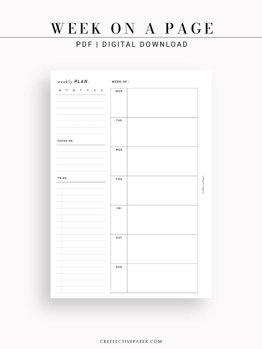 W108 | Week on a Page, Weekly Planner Printable Inserts Template ...