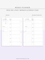 W108 | Week on a Page, Weekly Planner Printable Inserts Template