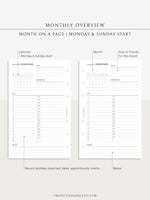 M108 | Monthly Overview, Month on a Page Printable Planner Inserts