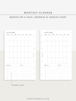M112 | Month on a Page, Monthly Planner Printable Inserts