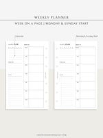 W108 | Week on a Page, Weekly Planner Printable Inserts Template