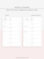 W108 | Week on a Page, Weekly Planner Printable Inserts Template