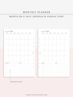 M112 | Month on a Page, Monthly Planner Printable Inserts