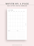 M112 | Month on a Page, Monthly Planner Printable Inserts