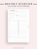 M108 | Monthly Overview, Month on a Page Printable Planner Inserts