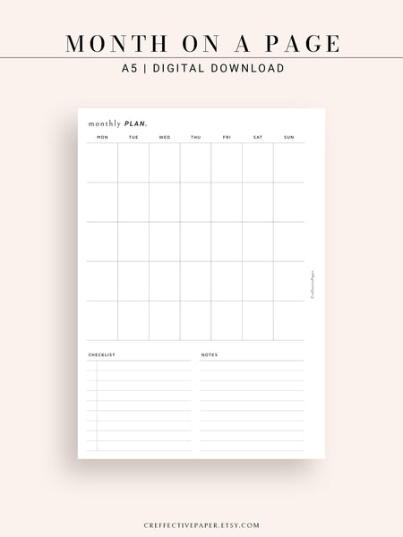 M112 | Month on a Page, Monthly Planner Printable Inserts