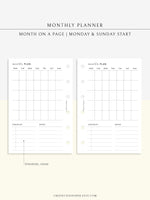 M112 | Month on a Page, Monthly Planner Printable Inserts