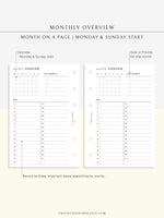 M108 | Monthly Overview, Month on a Page Printable Planner Inserts