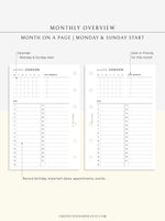 M108 | Monthly Overview, Month on a Page Printable Planner Inserts